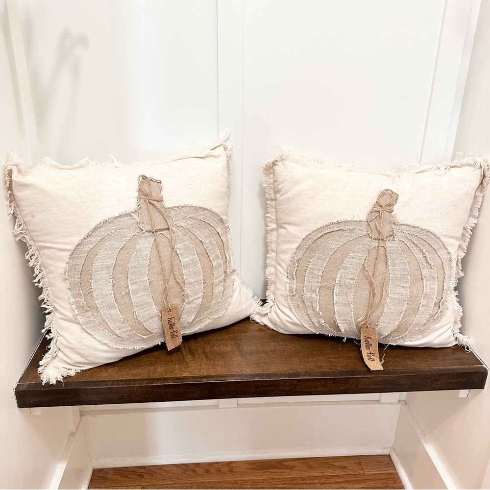 2 Magaschoni Home Hello Fall Pumpkin Throw Pillows 18 x 18 Overstuffed Soft Cozy